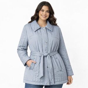 Vince Camuto Designer Coat Blue Grey Quilted Belted Snap Front Puffer Jacket